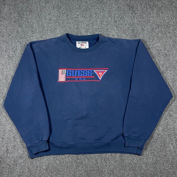 Vintage 90s Guess Sport USA Crewneck Embroidered Sweatshirt Blue Large 0660 - Picture 1 of 9